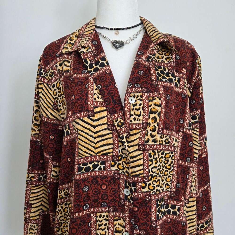 90s Animal Patchwork Button Down Top Medium Leopa… - image 4